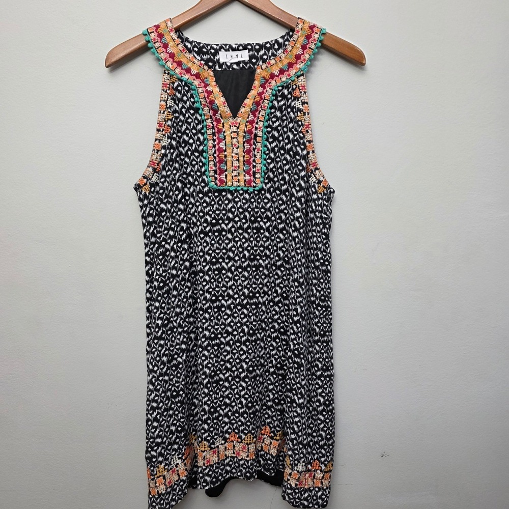 THML Ikat Mini Dress Women Large Black White Boho Embroidered‎ Pom Pom Beachy